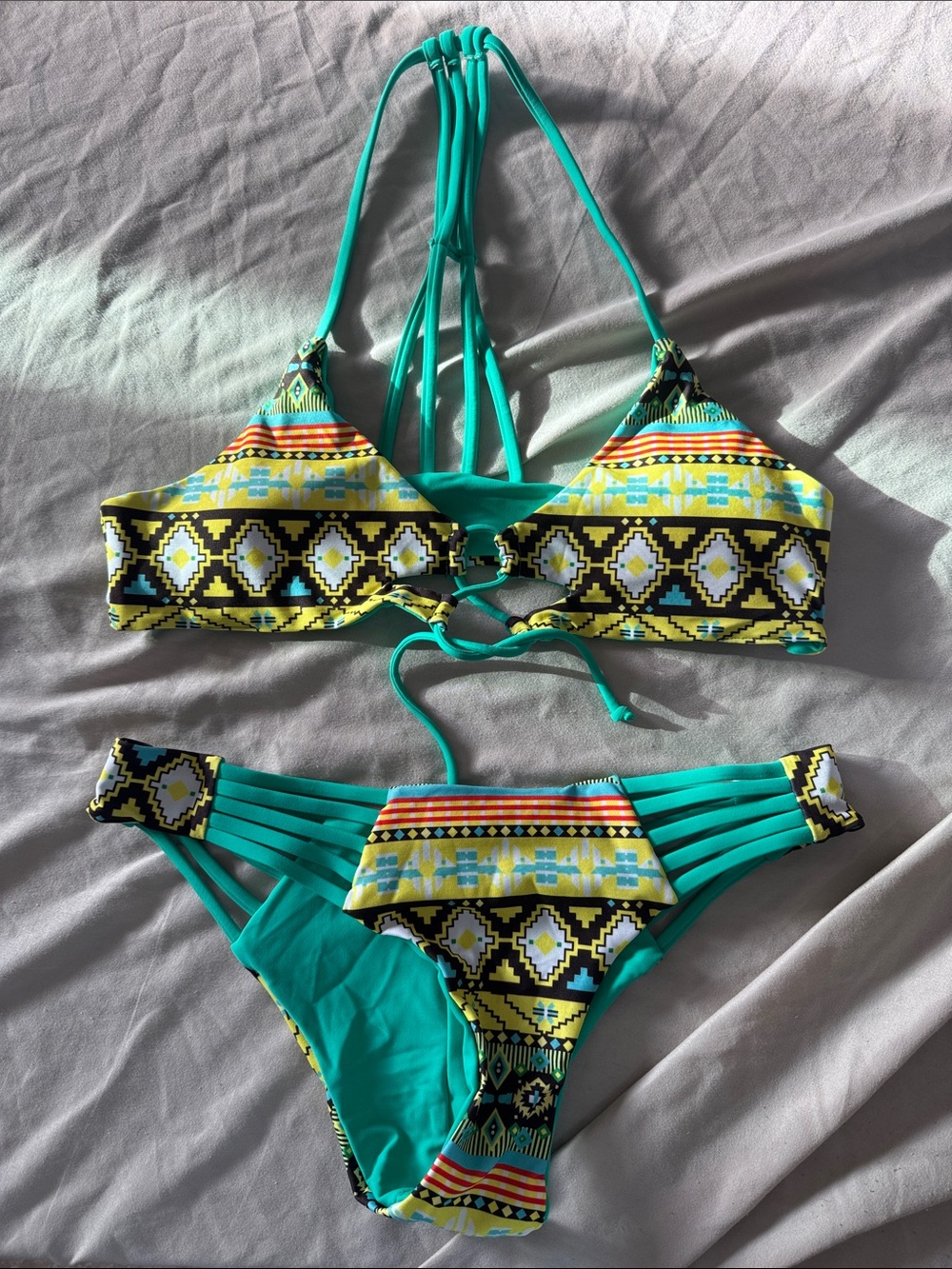 Turquoise & Yellow Geometric Strappy Bikini Set